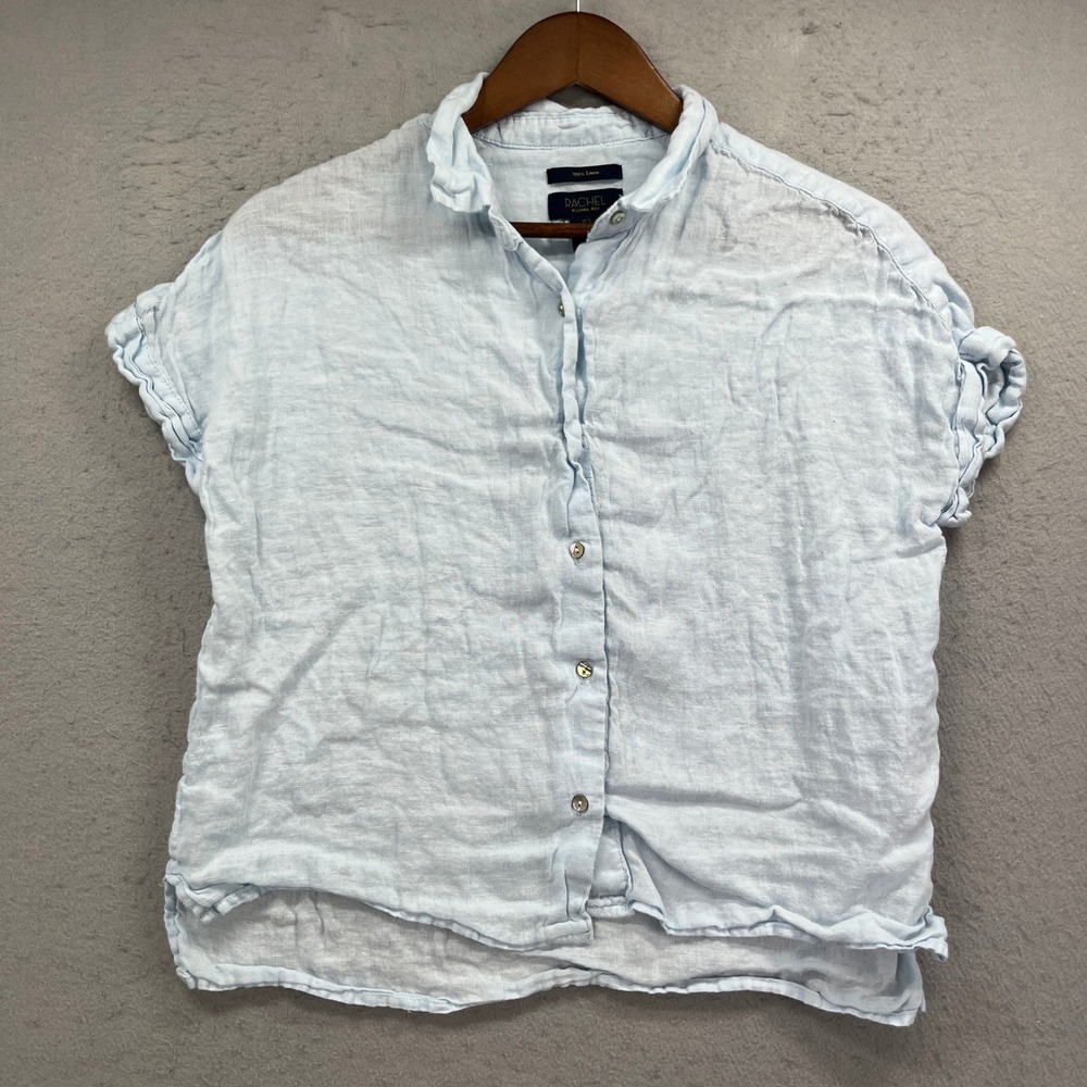Rachel Roy Shirt Womens Small Blue Linen Short Sleeve Button Up Casual Coastal